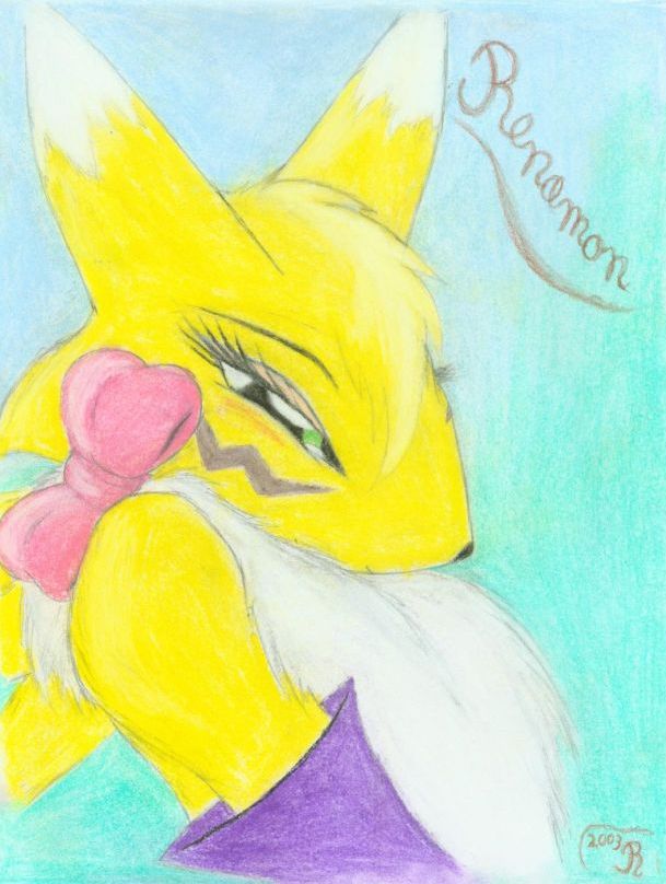2003 bow canine digimon female fox gloves green_eyes renamon soft solo standing unknown_artist yellow
