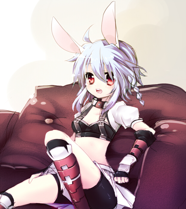 animal_ears bad_id bad_pixiv_id bike_shorts blue_hair boots braid breasts bunny_(trickster) bunny_ears fingerless_gloves gloves midriff nochita_shin open_mouth red_eyes short_hair sitting skirt small_breasts solo trickster