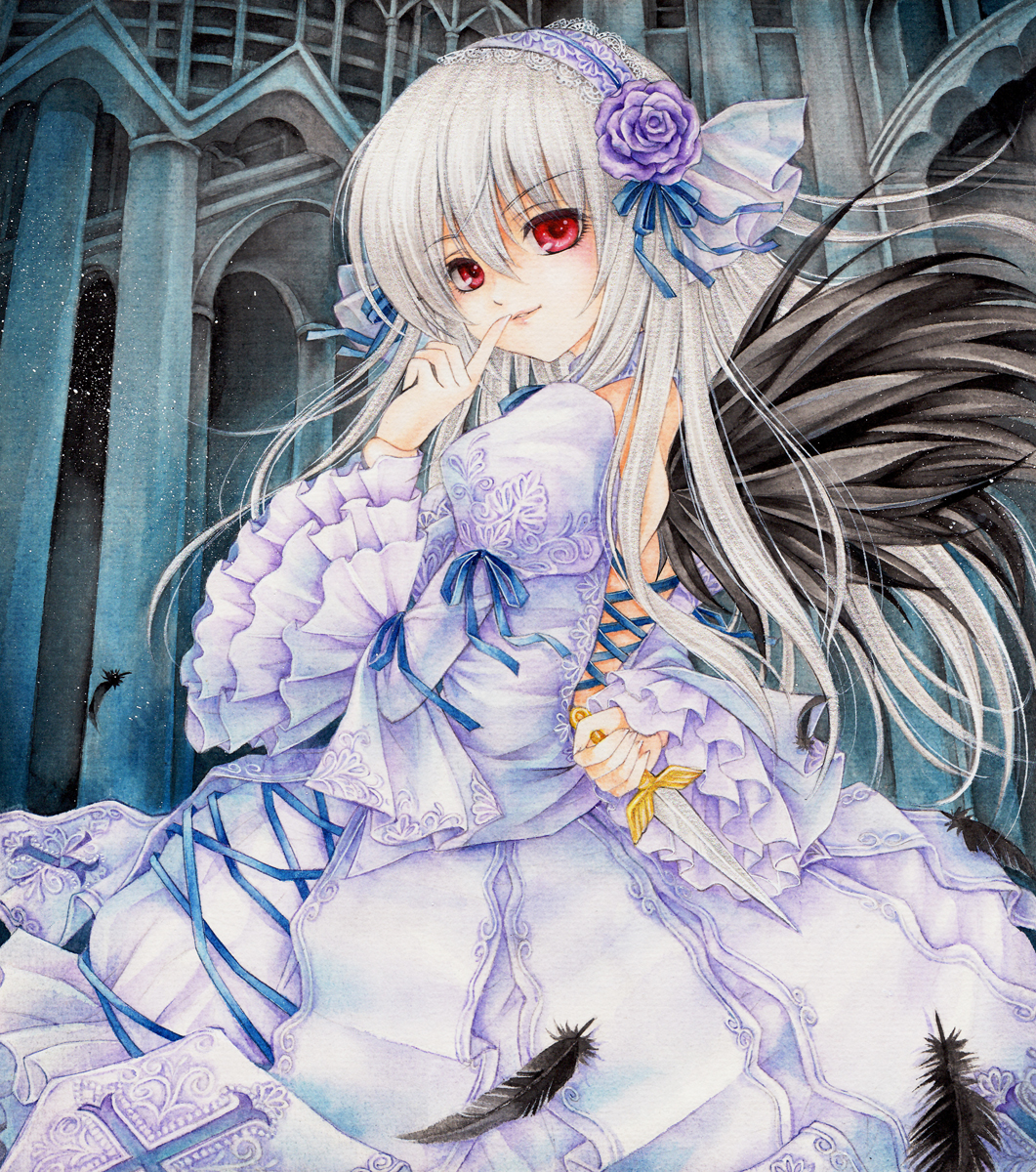 arm_behind_back biglove doll_joints feathers finger_to_mouth flower highres knife long_hair purple_flower purple_rose red_eyes rose rozen_maiden silver_hair solo suigintou traditional_media wings