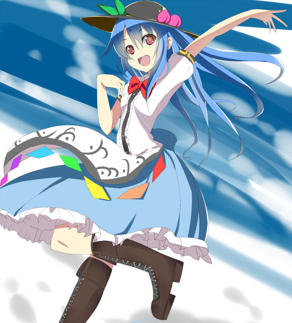 aa44 blue_hair bow food fruit hat hinanawi_tenshi long_hair open_mouth peach red_eyes solo touhou