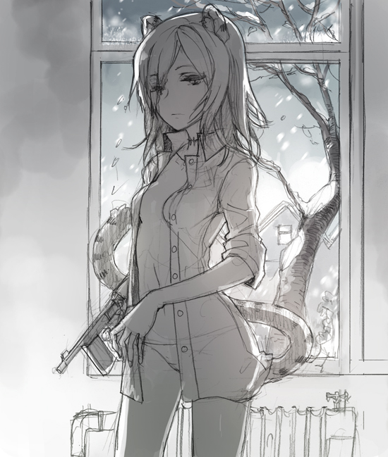 animal_ears bad_id bad_pixiv_id gun h2so4 house indoors midriff monochrome navel no_pants open_clothes open_shirt original panties shirt short_hair sketch solo tail tiger_ears tiger_tail tree underwear weapon window