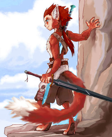 cliff clothing fluffy_tail green_eyes hair long_hair male outside red_fox scar sky solo sword torn_clothing unknown unknown_artist weapon