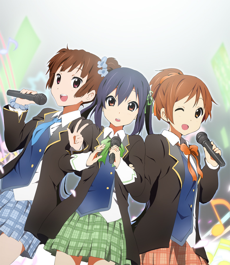 :d ;d blazer hirasawa_ui jacket k-on! kisuke_(akutamu) microphone multiple_girls nakano_azusa one_eye_closed open_mouth plaid plaid_skirt round_teeth skirt smile suzuki_jun teeth v