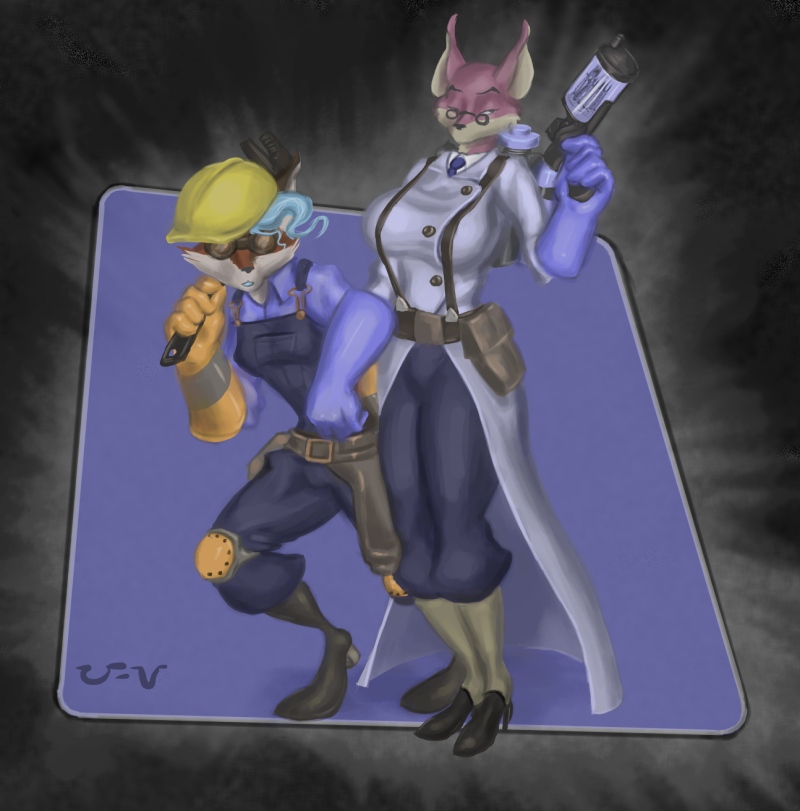 canine engineer_(team_fortress_2) female fox glasses medic_(team_fortress_2) team_fortress_2 uniformvixen wrench
