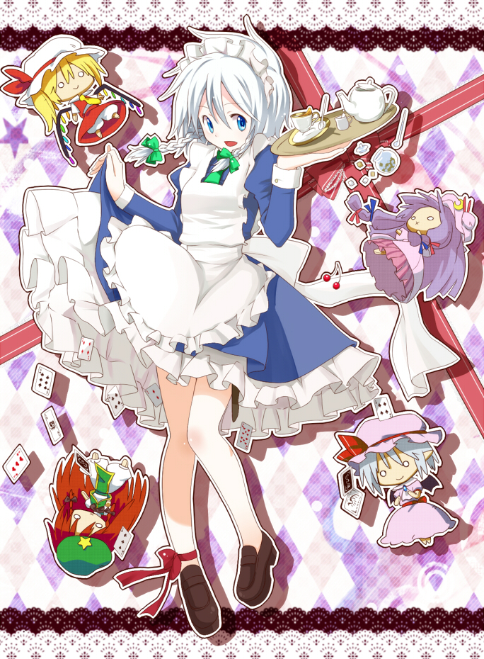 :x blonde_hair blue_eyes card character_doll creamer_(vessel) cup doll falling_card flandre_scarlet hat hong_meiling izayoi_sakuya maid maid_headdress mitsusaka_mitsumi no_socks o_o patchouli_knowledge playing_card playing_games purple_hair remilia_scarlet silver_hair solo tea teacup teapot touhou