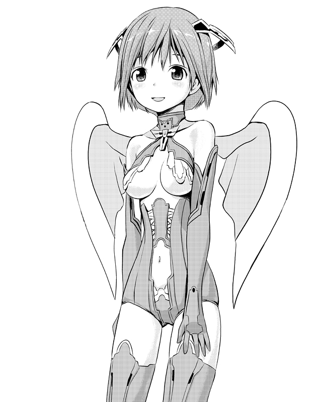 bad_id bad_pixiv_id bare_shoulders breasts gloves greyscale medium_breasts monochrome navel original simple_background solo thighhighs tougetsu_gou underboob wings