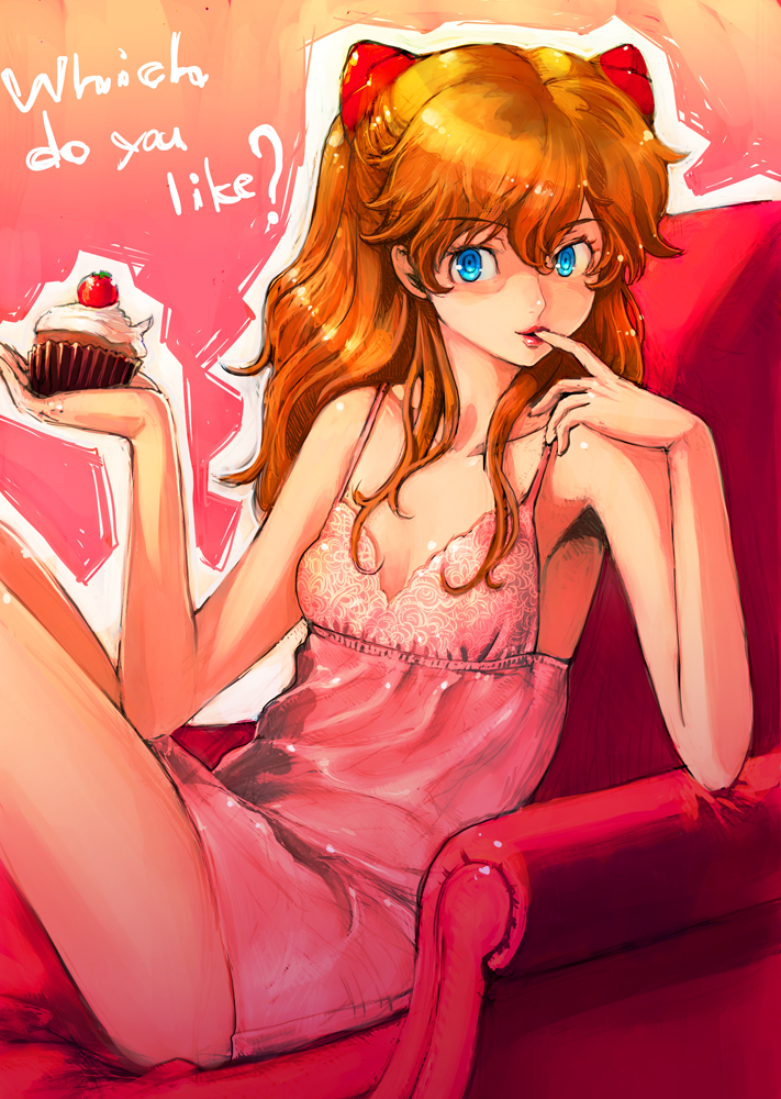 bare_shoulders blue_eyes boyaking breasts cupcake english evangelion:_2.0_you_can_(not)_advance finger_to_mouth food hair_ornament long_hair neon_genesis_evangelion nightgown orange_hair rebuild_of_evangelion revision shikinami_asuka_langley sitting small_breasts solo souryuu_asuka_langley two_side_up