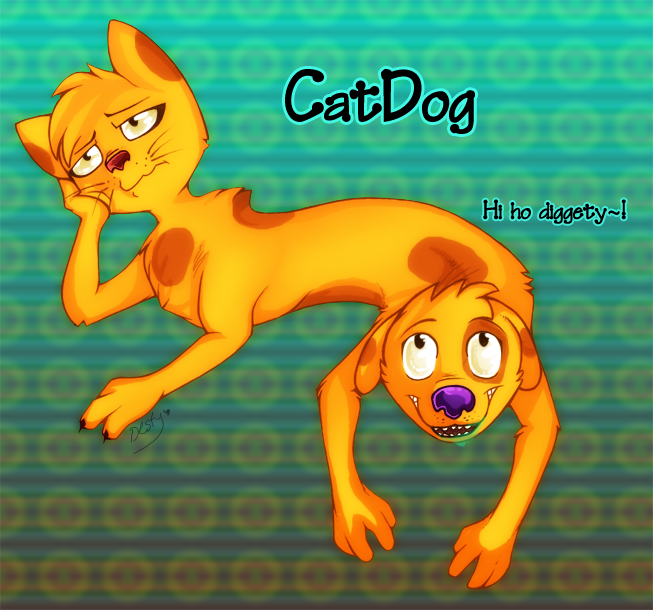 brothers canine cartoon cat catdog catdog_(series) conjoined_twins cute dialog dog english_text feline male mammal open_mouth purple_nose saliva sibling smile solo text twins unknown_artist
