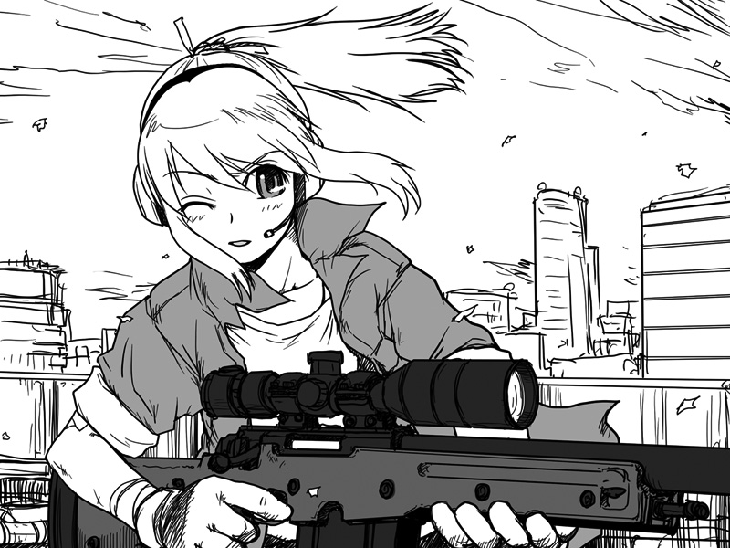 ai_arctic_warfare ai_aws bolt_action city ear_protection gloves greyscale gun iris_(material_sniper) jacket material_sniper monochrome one_eye_closed ponytail rifle sakaki_imasato scope short_hair sleeves_rolled_up sniper_rifle solo weapon wind