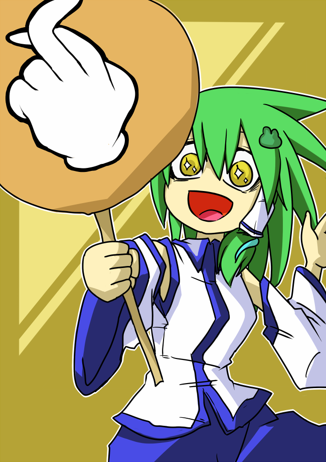 arm_up bad_id bad_pixiv_id bags_under_eyes crazy_eyes crossed_fingers desaku detached_sleeves frog green_hair hair_ornament hand_gesture kochiya_sanae long_hair no_nose open_mouth sign snake solo star touhou yellow_eyes