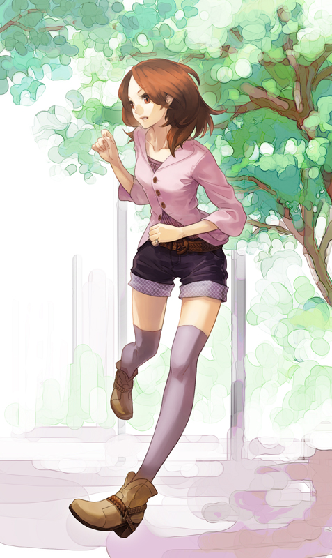 ankle_boots boots brown_eyes brown_hair long_hair original oropi parted_lips running shoes shorts solo thighhighs tree