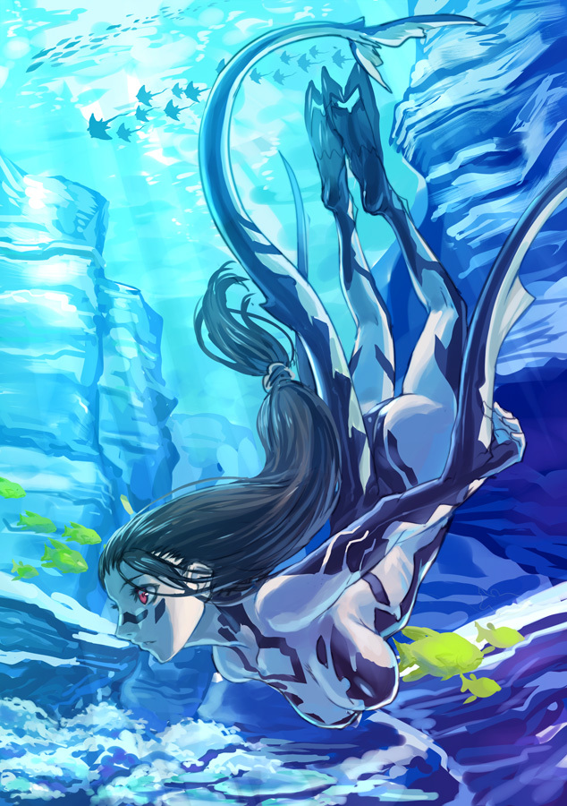 ass black_hair blue blue_skin bodypaint breasts diving facial_mark fins fish large_breasts long_hair monster_girl nude original pink_eyes ponytail profile ran'ou_(tamago_no_kimi) solo tail underwater very_long_hair water