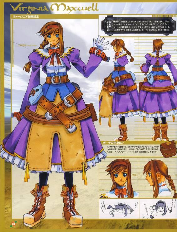 ahoge bag belt blue_eyes boots bow braid brown_hair character_name dress from_behind full_body gloves hairband handbag jacket long_hair long_sleeves official_art ooba_wakako pantyhose purple_dress red_hairband ribbon scan scan_artifacts sidelocks smile solo virginia_maxwell wild_arms wild_arms_3