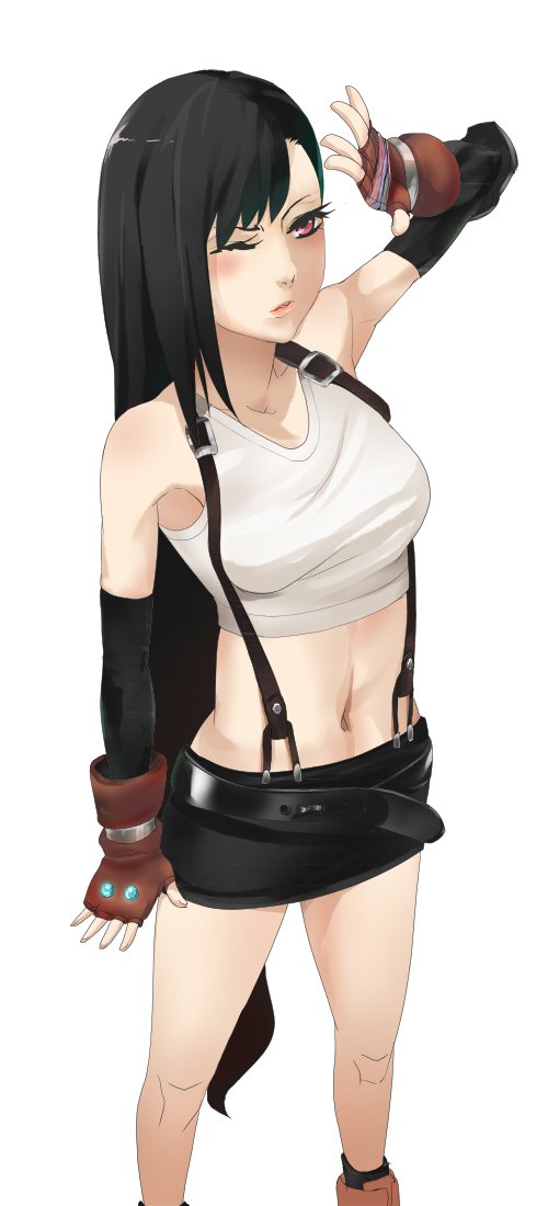 bare_shoulders belt black_hair blush boots breasts elbow_gloves female final_fantasy final_fantasy_vii fingerless_gloves gloves long_hair midriff miniskirt navel one_eye_closed red_eyes simple_background skirt solo suspenders tank_top tanktop tifa_lockhart white_background wink yuninika