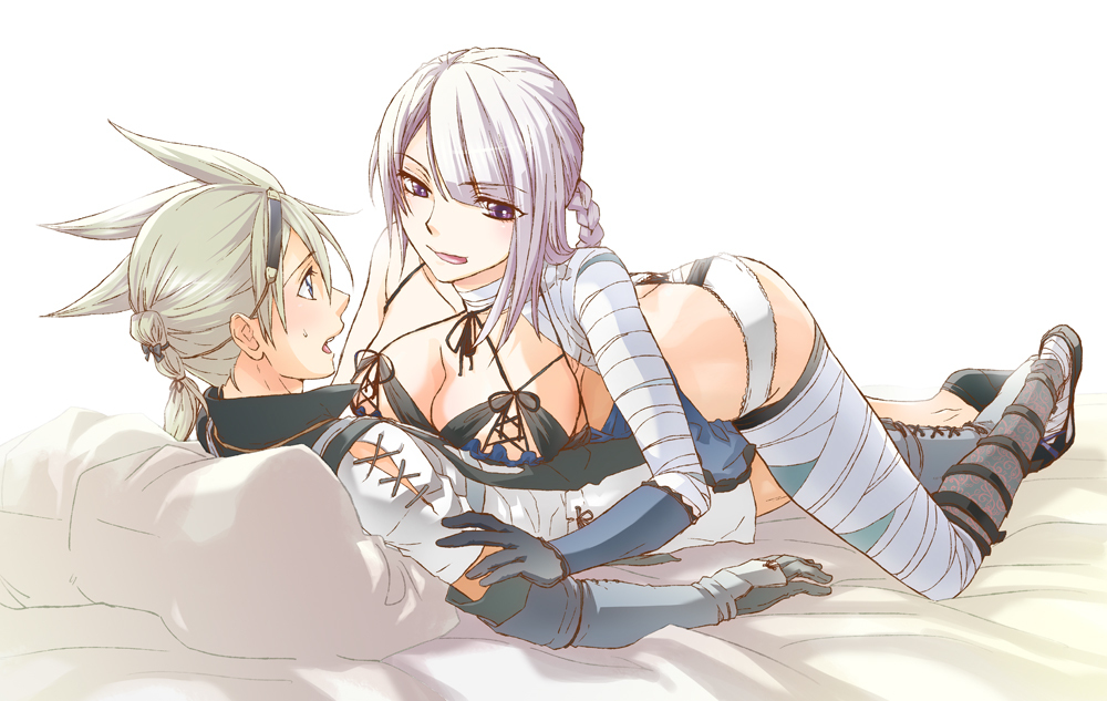 1girl :p backless_outfit bandages bed braid breast_rest breasts couple fujinari_yuuki hetero kaine_(nier) large_breasts licking_lips lingerie lying negligee nier nier_(series) nier_(young) panties short_hair silver_hair thighhighs tongue tongue_out underwear white_panties