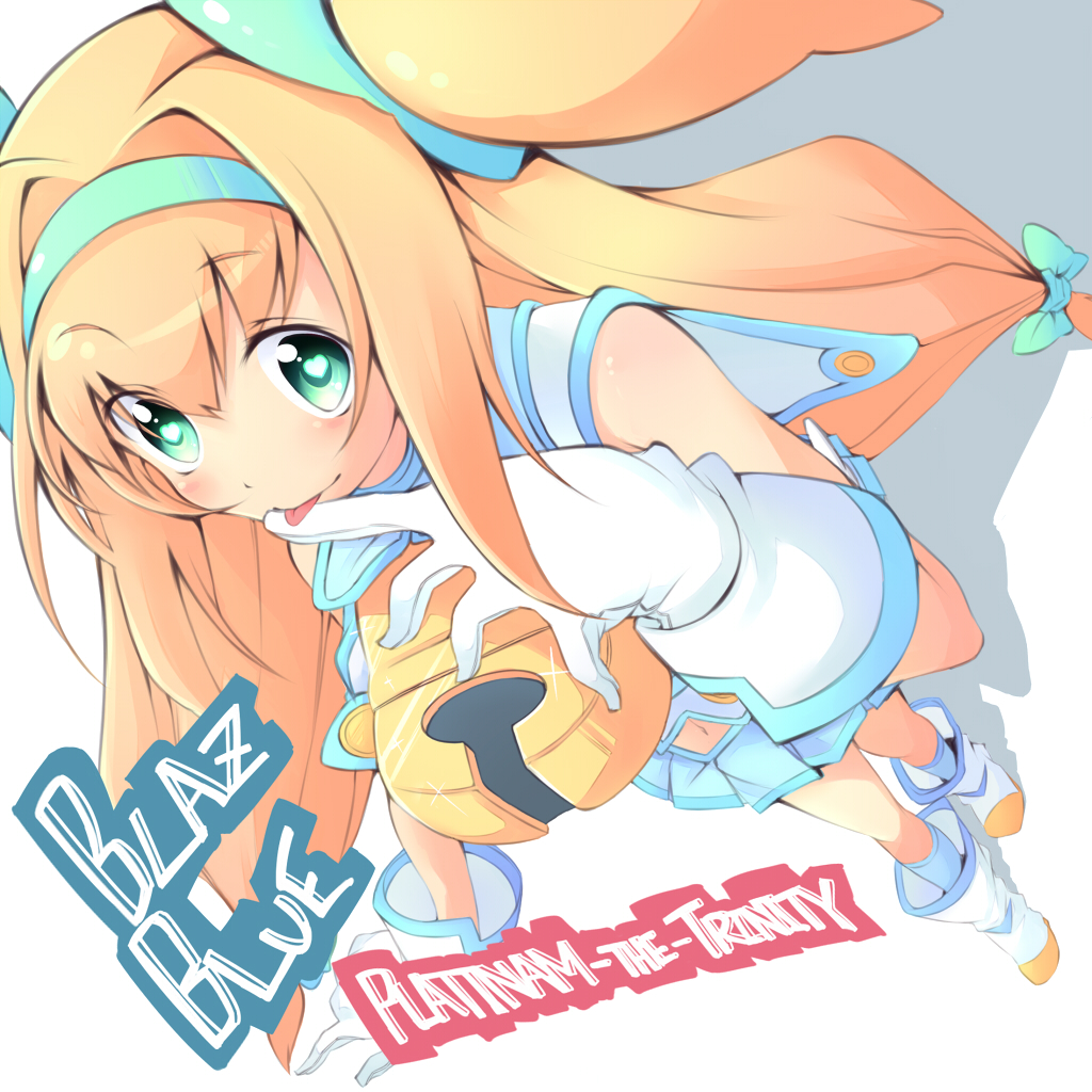 :p bell blazblue blonde_hair boots bow character_name copyright_name cow_bell foreshortening gloves green_eyes hair_bow hairband heart iguana_henshuu-chou licking licking_hand long_hair low-tied_long_hair magical_girl platinum_the_trinity quad_tails ribbon skirt smile symbol-shaped_pupils tongue tongue_out twintails very_long_hair