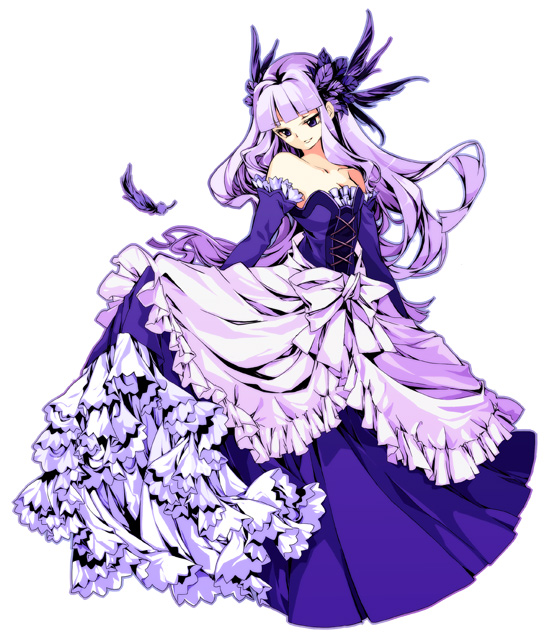 bangs bare_shoulders blue_eyes blunt_bangs dress elbow_gloves feathers frilled_dress frills gloves gown gwendolyn lavender_hair long_hair oboro_keisuke odin_sphere purple_hair simple_background skirt_hold solo strapless strapless_dress