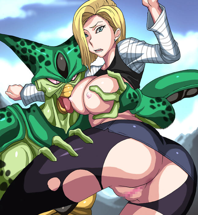 android_18 blonde_hair breast_grab breasts butt cell cell_(dragon_ball) cell_(dragonball) censored dragon_ball dragon_ball_z dragonball dragonball_z female grabbing hair ichijiku licking male monster nipples outside pink_eyes pussy rape slit_pupils straight tongue tongue_out torn_clothes
