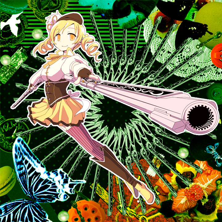 aiming_at_viewer beret bird blonde_hair boots breasts brown_legwear bug butterfly corset detached_sleeves dove drill_hair dual_wielding fingerless_gloves foreshortening gloves gun hair_ornament hairpin hat holding holding_gun holding_weapon insect magical_girl magical_musket mahou_shoujo_madoka_magica medium_breasts pleated_skirt puffy_sleeves ribbon rifle shirt skirt solo striped striped_legwear taut_clothes taut_shirt thighhighs tokiba tomoe_mami twin_drills twintails vertical-striped_legwear vertical_stripes weapon witch's_labyrinth yellow_eyes zettai_ryouiki