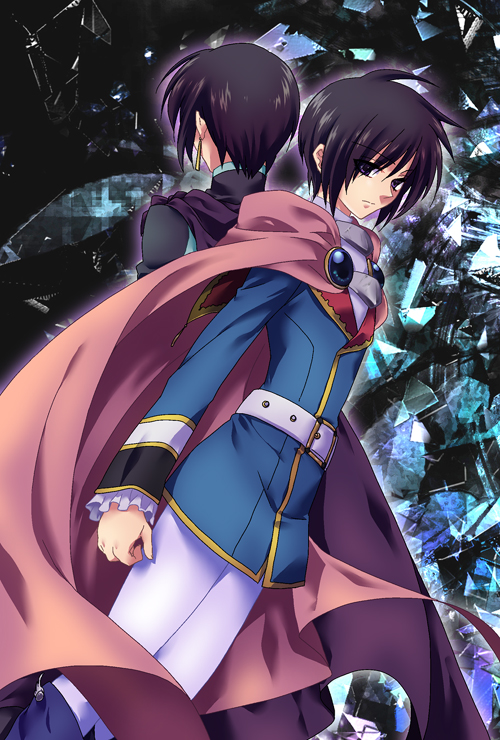 ahoge back-to-back belt black_eyes black_hair boots cape dual_persona dutch_angle earrings from_behind gloves ikuhashi_muiko jewelry judas_(tales) leon_magnus male_focus multiple_boys pants pink_cape serious spoilers tales_of_(series) tales_of_destiny tales_of_destiny_2 white_gloves