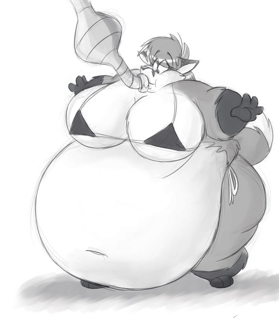 belly big_breasts bikini breasts canine chubby female force_feeding fox inflation morbidly_obese skimpy solo standing stuffing unknown_artist vixen