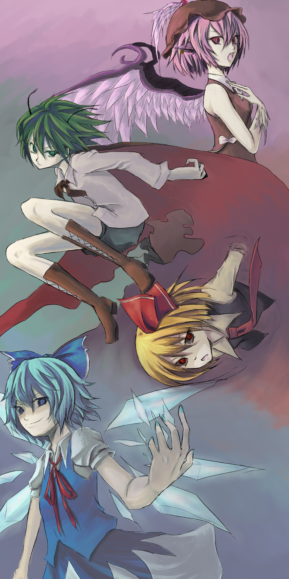 adapted_costume antennae blonde_hair blue_eyes blue_hair boots bow cape cirno cross-laced_footwear green_eyes green_hair hair_bow highres ice jewelry kuro_(b_g) lace-up_boots multiple_girls mystia_lorelei necktie open_mouth pink_eyes pink_hair red_eyes rumia single_earring slit_pupils smile team_9 touhou wings wriggle_nightbug