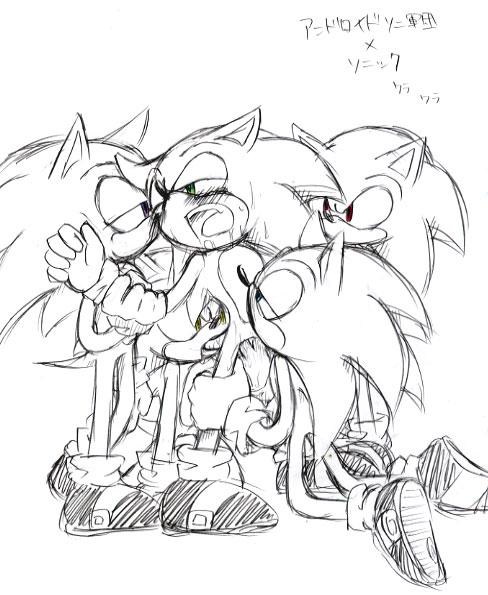 blue_eyes clone drool drooling gay gray_eyes green_eyes grey_eyes hedgehog japanese_text male mammal monochrome plain_background red_eyes saliva sega sketch sonic_(series) sonic_the_hedgehog sweat tail text unknown_artist white_background yellow_eyes