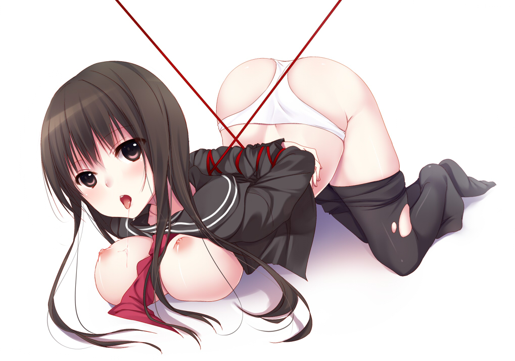arms_behind_back bad_id bad_pixiv_id bdsm black_legwear blush bondage bound box_tie breast_press breasts brown_hair itou_nanami large_breasts nipples no_bra open_clothes open_mouth original panties pantyhose pantyhose_pull red_eyes red_rope rope saliva saliva_trail short_hair solo torn_clothes torn_legwear underwear white_panties
