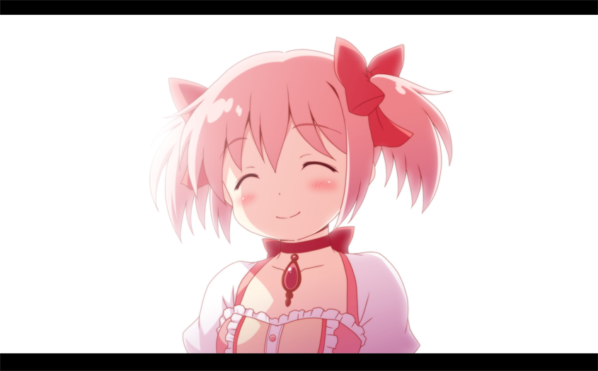 blush bow closed_eyes dress hair_bow jewelry kaname_madoka letterboxed magical_girl mahou_shoujo_madoka_magica md5_mismatch necklace pink_dress pink_hair smile solo twintails yamasan