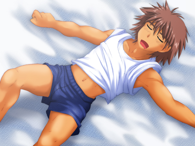 bed_sheet bedsheets brown_hair male male_focus navel open_mouth set sleeping solo thisarmor yaoi