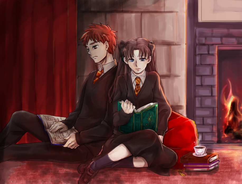 1girl bad_id bad_pixiv_id black_hair blue_eyes book crossover cup emiya_shirou fate/stay_night fate_(series) hair_ribbon harry_potter hogwarts_school_uniform maa_(29kuu) necktie red_hair ribbon school_uniform striped striped_neckwear teacup toosaka_rin two_side_up yellow_eyes