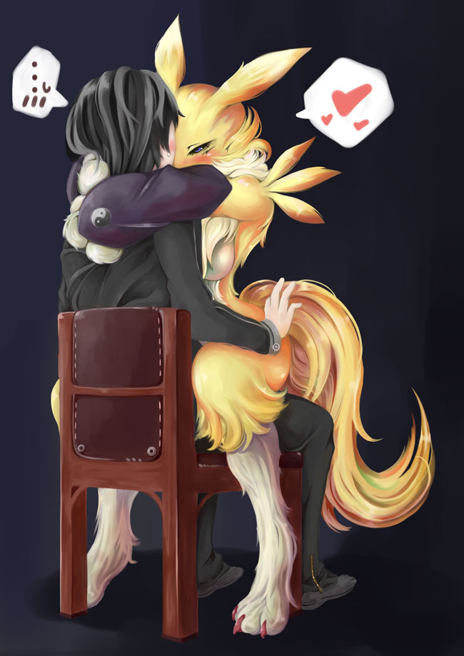 &hearts; anthro aroused artist_request blush breasts canine chair cleavage clothed clothing covering digimon do_not_want duo female fluffy fox furry hug human insistent interspecies love male mammal mastery_position renamon sitting straddle straddling straight tonta unknown_artist