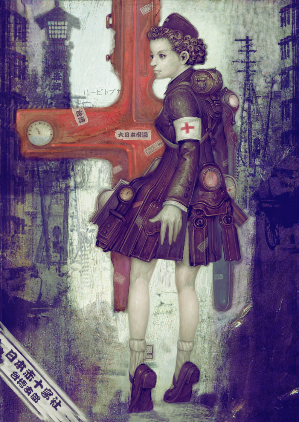 armband bad_id bad_pixiv_id bare_legs brown_hair coat copyright_request curly_hair from_behind garrison_cap gloves hat highres kcn mary_janes pale_skin profile red_cross shoes solo white_legwear