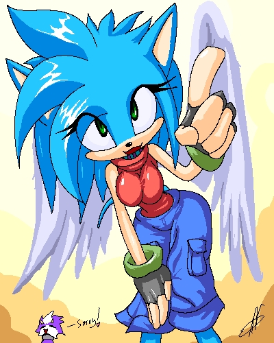 bent_over blue blue_hair female fingerless_gloves green_eyes hair hedgehog solo sonic_style t03nemesis tail unknown_character wings