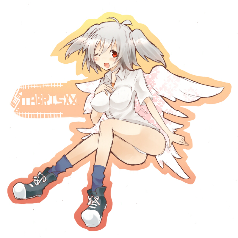 angel angel_chromosome_xx bad_id bad_pixiv_id blush grey_hair legs multiple_wings neon_genesis_evangelion one_eye_closed oshiruko_(tsume) panties red_eyes seraph shirt shoes socks solo tabris tabris-xx twintails underwear wings