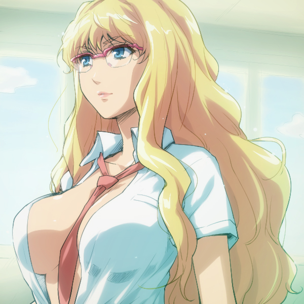 bespectacled between_breasts blonde_hair blue_eyes breasts glasses hairu large_breasts long_hair macross macross_frontier necktie no_bra open_clothes open_shirt sheryl_nome shirt solo