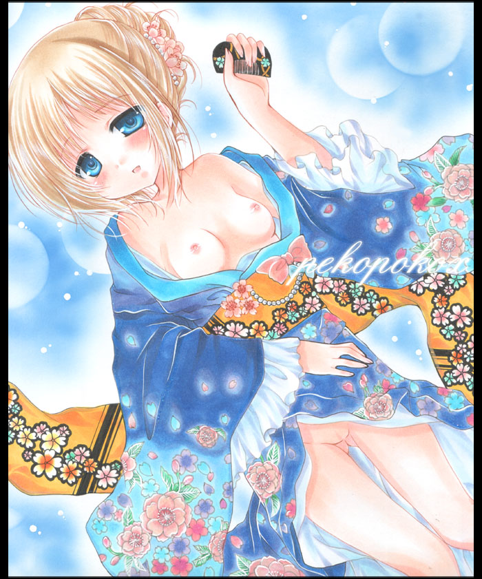 breasts comb japanese_clothes kimono kud_wafter little_busters! marker_(medium) noumi_kudryavka pekopokox shikishi small_breasts solo traditional_media