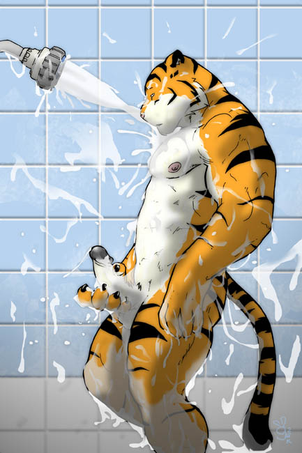 balls barazoku erection feline grisser male masturbation muscles nude penis pose shower solo tiger