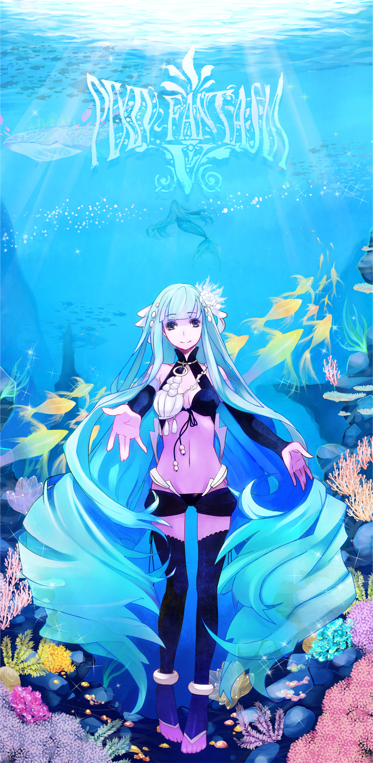 anklet aqua_hair blue_background copyright_name coral detached_sleeves fish flower grey_eyes hair_flower hair_ornament halterneck highres jewelry light_rays long_hair looking_at_viewer lowleg lowleg_shorts mermaid midriff monster_girl multiple_girls outstretched_arms outstretched_hand pigeon-toed pixiv_fantasia pixiv_fantasia_5 seaweed short_shorts shorts smile sparkle spread_arms standing sunbeam sunlight tensui_(yumemoyou) thighhighs underwater very_long_hair whale