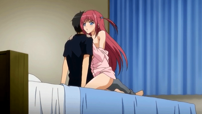 animated animated_gif bed blue_eyes breasts clothed_sex fukubiki!_triangle:_miharu_after gif long_hair pink_hair school_uniform sex shinonome_miharu straddle straddling