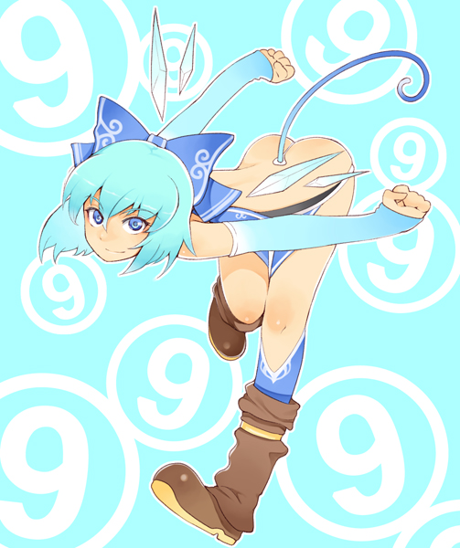 1girl bent_over blue_eyes blue_hair boots bow cirno hair_bow kosame_daizu short_hair solo tail touhou wings