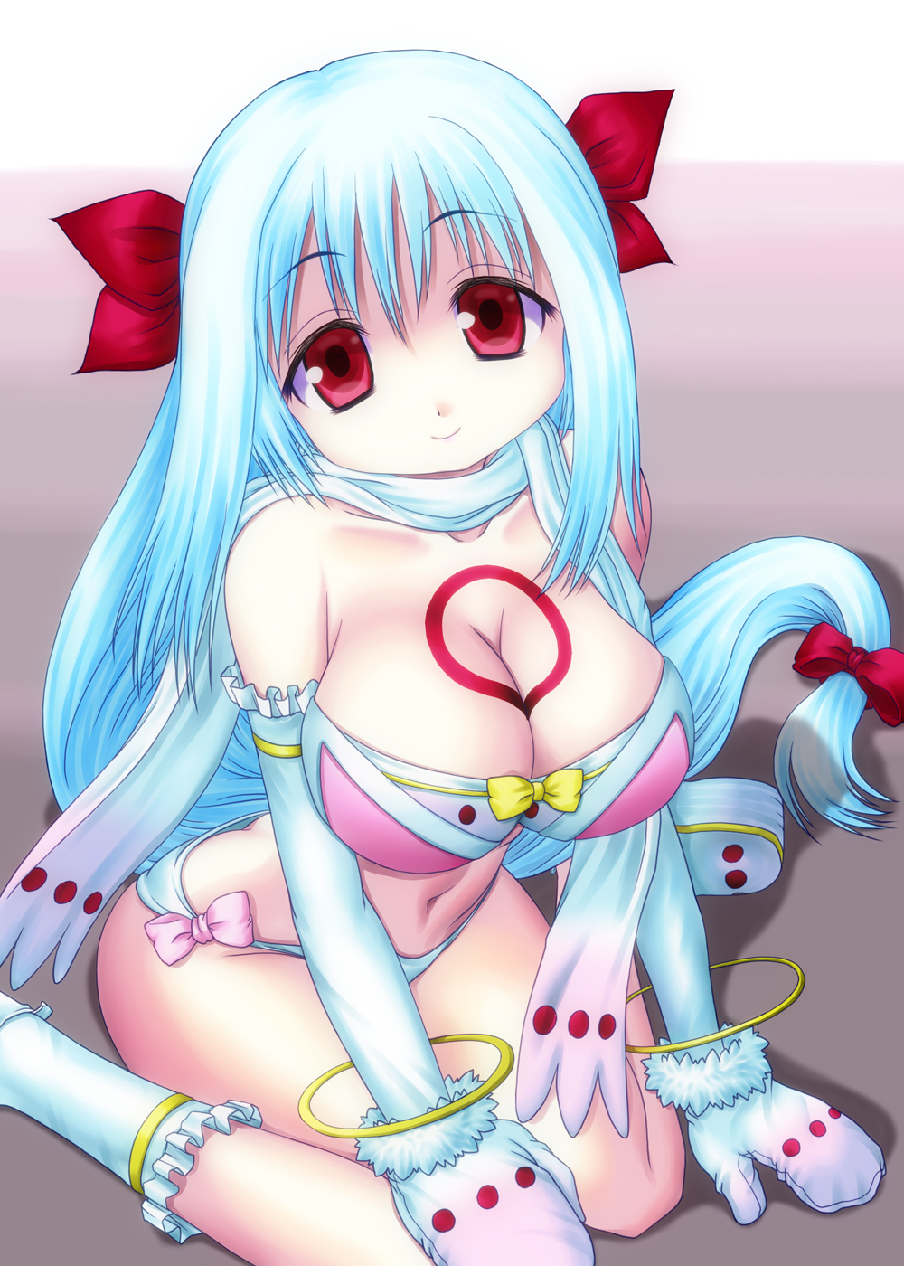 asamura_hiori bare_shoulders blue_hair bra breasts cleavage elbow_gloves gloves hair_ribbon highres kyubey large_breasts lingerie long_hair mahou_shoujo_madoka_magica mittens navel panties personification red_eyes revealing_clothes ribbon scarf sitting smile solo underwear very_long_hair wariza
