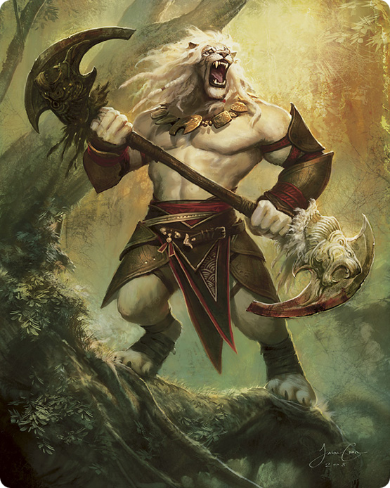 armor axe fangs feline forest hair jason_chan lion magic_the_gathering male mammal muscles necklace planeswalker roar roaring solo tiger topless tree weapon white_hair wizards_of_the_coast wood
