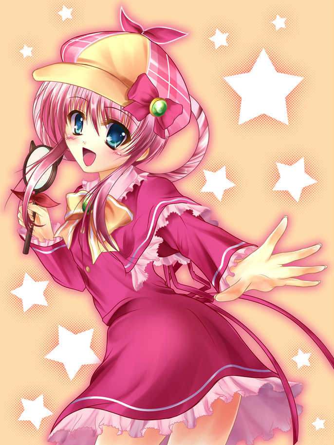 bad_id bad_pixiv_id blue_eyes blush bow hat magnifying_glass open_mouth pass-d pink_bow pink_hair sherlock_shellingford solo star tantei_opera_milky_holmes twintails