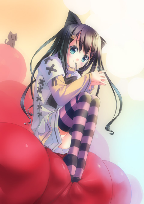 :3 animal_ears black_hair cat_ears long_hair mouth_hold original paw_print sitting solo striped striped_legwear takoyaki_(roast) thighhighs