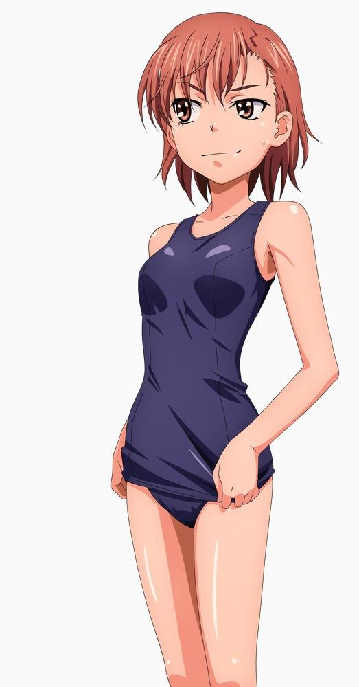brown_eyes brown_hair misaka_mikoto non-web_source one-piece_swimsuit school_swimsuit short_hair solo swimsuit swimsuit_tug to_aru_majutsu_no_index