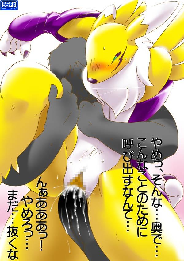 blush canine censored chest_tuft claws couple cum cum_in_pussy cum_inside cumshot digimon elbow_gloves face_markings female fox gloves green_eyes half-closed_eyes holding japanese_text lift male nude orgasm penetration penis pussy raised_leg renamon sex straight sweat unknown_artist vaginal vaginal_penetration yellow