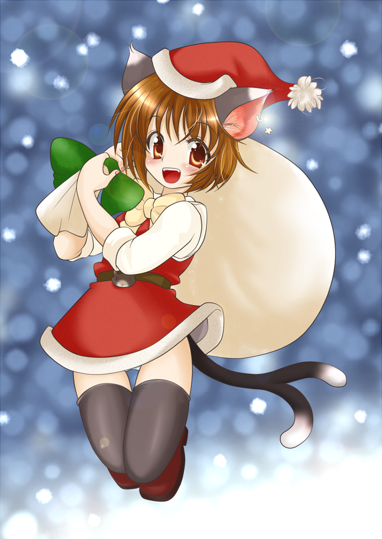 animal_ears brown_eyes brown_hair cat_ears cat_tail chen kotomi_(happy_colors) santa_costume short_hair solo tail thighhighs touhou