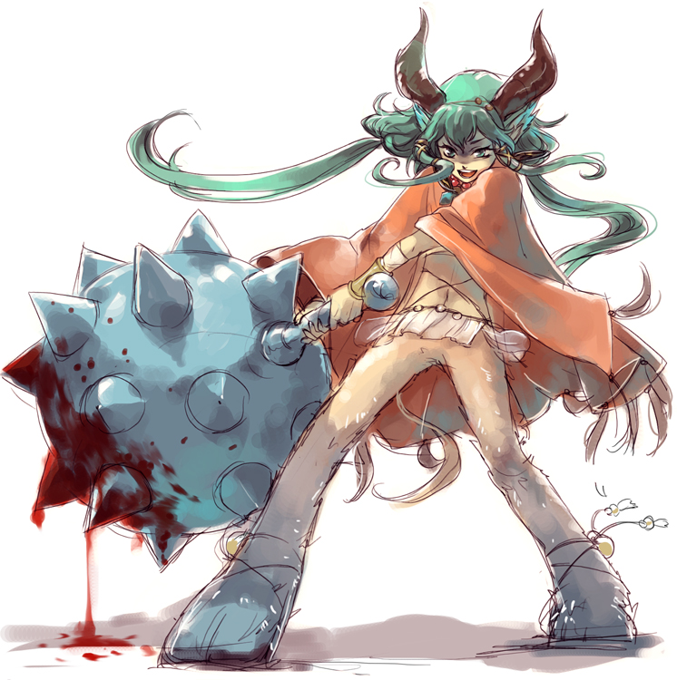 aht cloak fighting_stance horns huge_weapon long_hair mace monster_girl radiant_historia satyr solo weapon yatuki