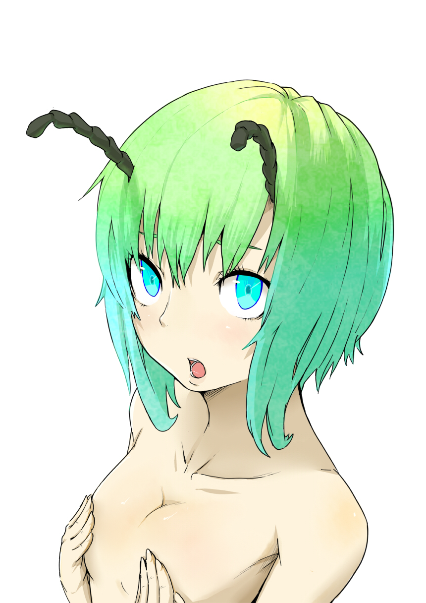 antennae bad_id bad_pixiv_id blue_eyes blue_hair collarbone covering covering_breasts face flat_chest foreshortening gradient_hair green_hair hands highres multicolored_hair nude open_mouth potionu short_hair solo touhou two-tone_hair upper_body wriggle_nightbug
